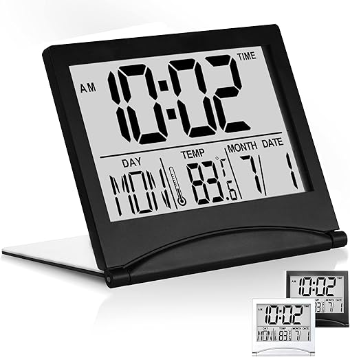 Betus Digital Travel Alarm Clock - Foldable Calendar & Temperature & Timer LCD Clock with Snooze Mode - Large Number Display, Battery Operated - Compact Desk Clock for All Ages (Black)