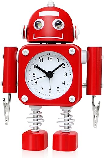 Betus Non-Ticking Robot Alarm Clock Stainless Metal - Wake-up Clock with Flashing Eye Lights and Hand Clip (Ruby Red)