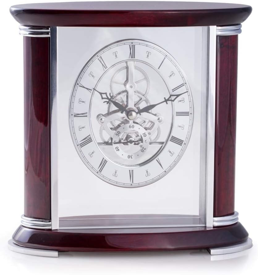 Bey-Berk CM686 Luxemburg, Lacquered Rosewood and Stainless Steel Accents Quartz Clock with Skelton Movement, Brown