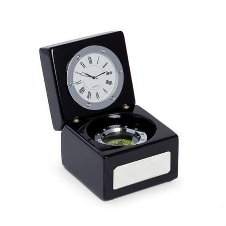 Bey-Berk International SQ577T Compass & Clock in Lacquered Black Finish Hinged Box with Chrome Accents