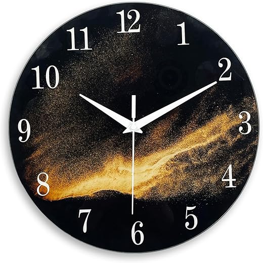 Black Wall Clock for Living Room 14 Inch Glass Analog Wall Clock Battery Operated Silent Wall Clock for Bedroom Office