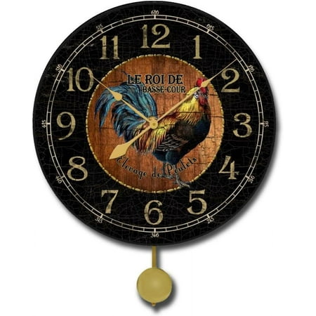 Black & Wood Rooster Pendulum Wall Clock | Ultra Quiet Quartz Mechanism | Hand Made in USA Beautiful Crisp Lasting Color | Comes in 8 Sizes | 18-Inch