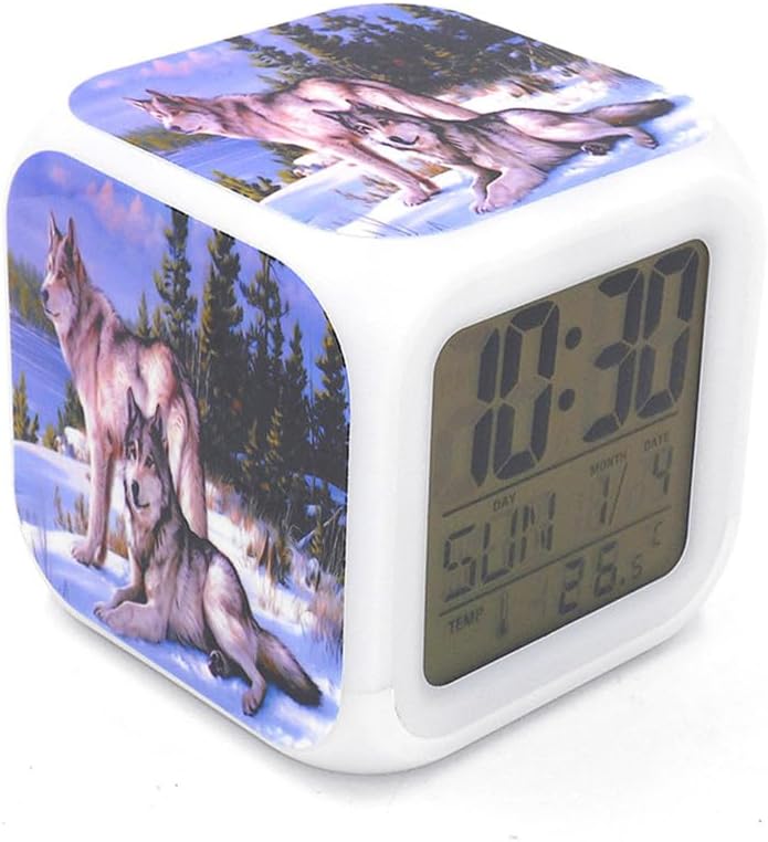 Boyan New Arctic Wolf Wolves Animal Blue Led Alarm Clock Creative Desk Table Clock Multipurpose Calendar Snooze Glowing Led Digital Alarm Clock for Unisex Adults Kids Toy Gift