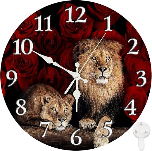 Britimes Round Wall Clock Silent Non-Ticking Battery Operated Clock 10 Inch, Wildlife Family Lion Love Home Decor for Living Room, Bathroom, Bedroom, Kitchen, Office and School