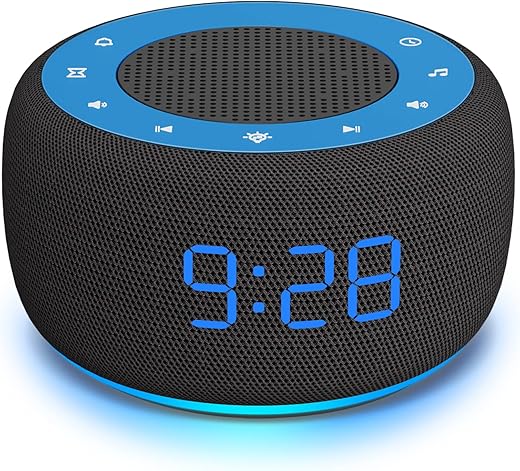 Buffbee Sound Machine & Alarm Clock 2-in-1, 0-100% Clock Face Brightness, Bottom Colored Light, Sleep Timer, Precise 30-Level Volume Control White Noise Machines