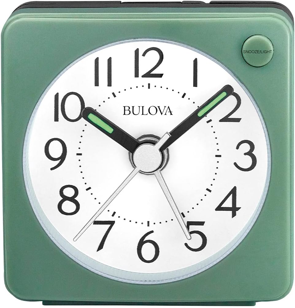 Bulova Clocks B1874, Ultra Small Travel Alarm with Snooze and Light, No Ticking, Verde,Green