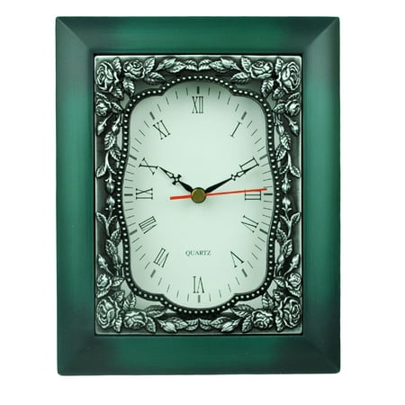 Cast Metal Pewter Petralite Wooden Look Desk Quartz Clock Emerald Green Roses