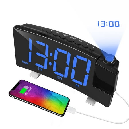 Ceiling Projection Alarm Clock, TSV 15 FM Radio Smart Modern Clock 7'' Large LED Display, 4 Dimmer, 2 Dual Alarm Sounds USB Phone Charger, Snooze, Backup Battery Digital Clock