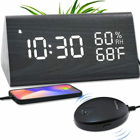 CoolFire Wooden Vibrating Alarm Clock for Heavy Sleepers Adults, Loud Alarm Clock for Heavy Sleepers, Bed Shaker Alarm Clock, Smart Alarm Clock (Black)