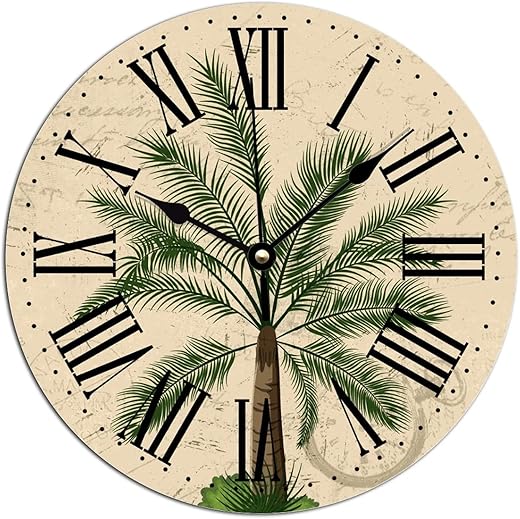 Country Tuscan Style Wall Clocks Vintage French Style Palm Tree Art Clock Summer Beach Decor Tropical Palm PVC Wall Clock Battery Operated Silent Wall Clocks for Living Room 12x12in