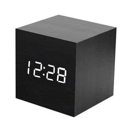 Creative USB Charging Acoustic Intelligence Square Multifunction LED Wood Clock Electronic Mini Alarm Clock without Battery (Black White Light)