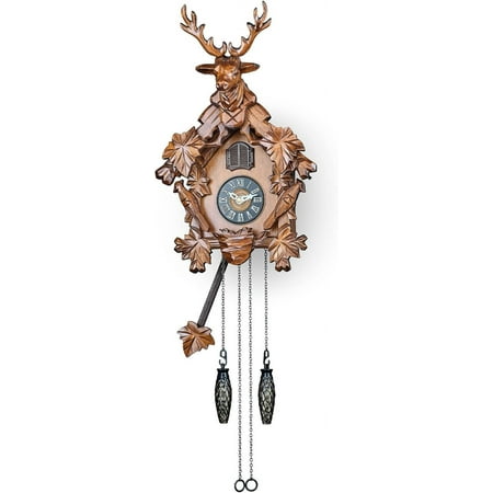 Cuckoo Clock wih Auomaic Nigh Mode, Quarz Movemen and Carved Deer Head (Brown)