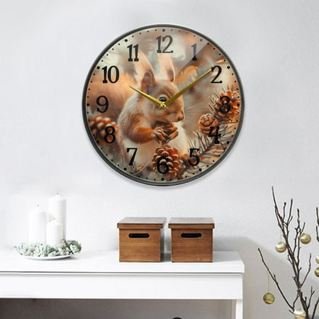 Cute Squirrels and Pine Cones Round Wall Clock 9.5 Inch Non-Ticking Silent Battery Operated Clock for Home Kitchen Office School Decor