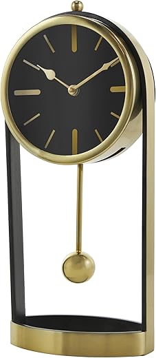 Deco 79 Aluminum Metal Decorative Clock Tall Mantel Clock with Swinging Ball Pendulum, Tabletop Clock 7 x 4 x 15, Gold