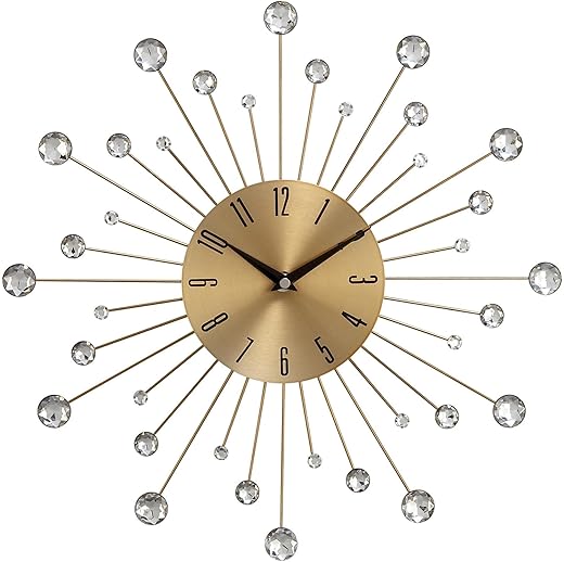 Deco 79 Metal Starburst Decorative Wall Clock Wall Clock for Home with Crystal Accents, Wall Clock for Room 14 x 1 x 14, Gold