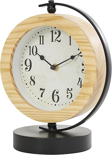 Deco 79 Wood Decorative Clock Mantel Clock with Curved Black Metal Stand and Base, Tabletop Clock 8 x 6 x 11, Light Brown