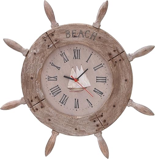 Deco 79 Wood Ship Wheel Clock Nautical Maritime Decor, 20-Inch