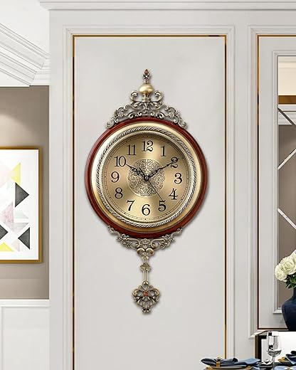 Decorative Pendulum Wall Clock Quartz Movement Vintage Silent Non Ticking Large Antique Metal Wooden Home Office Clocks