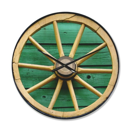 Designart 'Vintage Wagon Wheel on Turquoise Wood ' Farmhouse Wood Wall Clock