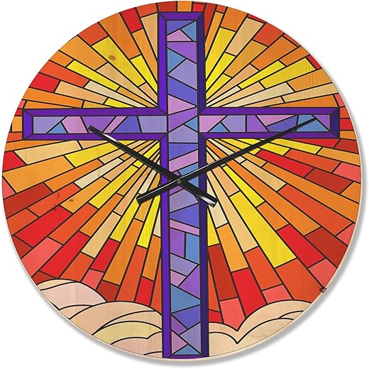 DesignQ 'Blue Holy Cross Stained Glass Style ' Rustic Wood Wall Clock Large Decorative Cottage/Country Wall Clock Oversized Wood Clocks for Living Room Décor