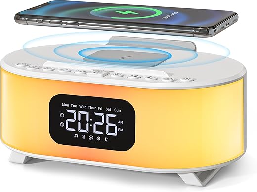 Digital Alarm Clock, Wireless Charger, Bluetooth Speaker, Snooze, Dual Alarms Sleep Timer 12 24H, Natural Sounds, Adjustable Night Light for Bedroom with 12 Colors, Ideal Gift for Heavy Sleepers