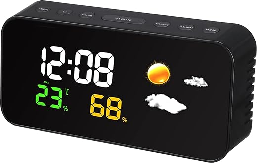 Digital Clock with Indoor Thermometer Hygrometer Colorful Display Room Clock with Temperature and Humidity Monitor Gauge Black