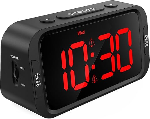 Digital Dual Alarm Clock for Bedroom, Easy to Set, 0-100% Dimmer, USB Charger, 5 Sounds Adjustable Volume, Weekday/Weekend Mode, Snooze, 12/24Hr, Battery Backup, Compact Clock for Bedside(Red)