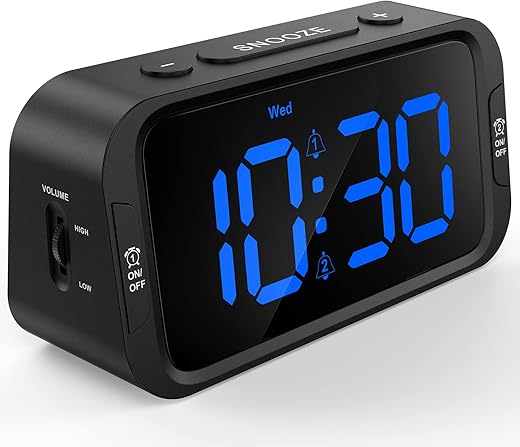 Digital Dual Alarm Clock for Bedroom, Easy to Set, 0-100% Dimmer, USB Charger, 5 Sounds Adjustable Volume, Weekday/Weekend Mode, Snooze, 12/24Hr, Battery Backup, Compact for Bedside(Blue)