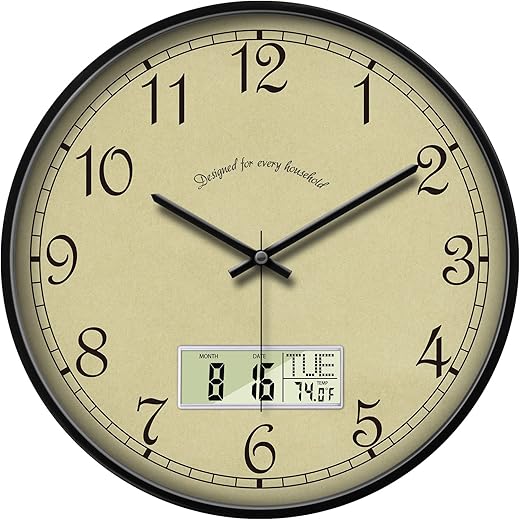 Digital Retro Classic Analog Wall Clock Silent Battery Operated with Date Digital Clocks with Temperature Day Time Week Large Display Clock Decorative for Living Room Kitchen Office Bathroom 14 Inch