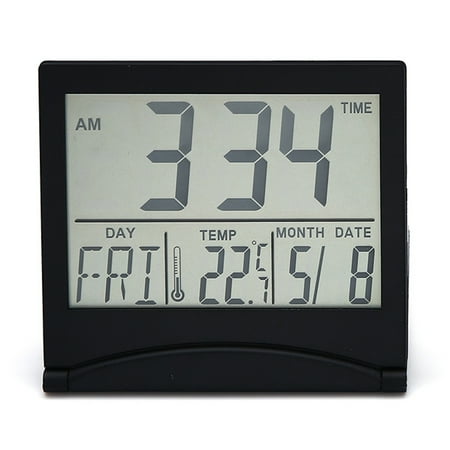 Digital Travel Alarm Clock - Foldable Calendar Temperature Clock with Snooze Mode - Large Number Display, Battery Operated - Compact Desk Clock for All Ages,black，G165490