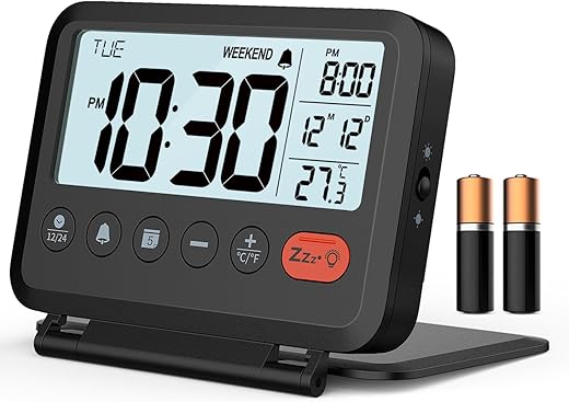 MeesMeek Digital Travel Alarm Clock, Black, 3.54 inch LCD Display, 9-Minute Snooze, 2 Volume Levels, Backlight, Battery Included