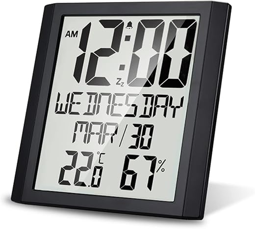 Digital Wall Clock with Temperature & Humidity 8.6'' Large Display Time/Date/Week Alarm Clock & Snooze ℃/ ℉ Selectable Indoor Thermo-hygrometer Accurate Weather Monitor for Home Office (Black)