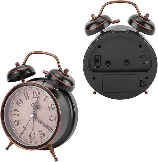 Double Bell Clock,4in Retro Alarm Clock Desktop Clock with Night Light Double Twin Bell for Home Use (4 inch Black)