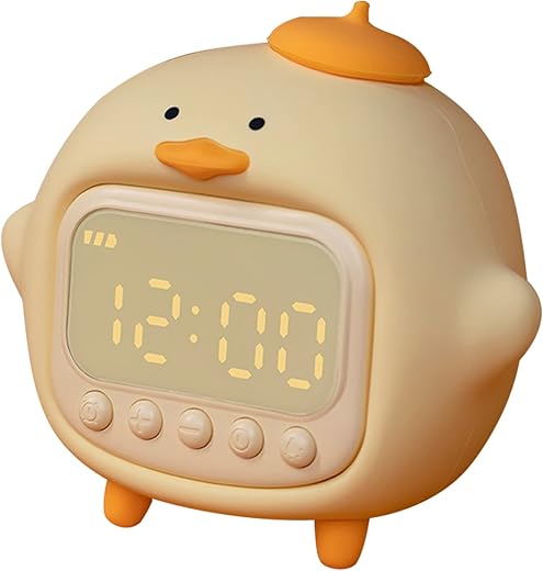 Duck Alarm Clock for Kids, Cute Night Light, Two Groups of Alarm Clocks, Brightness Adjustable, Rechargeable Portable Lamp for Bedroom Room Decor (Yellow)