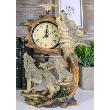 Ebros Howling Gray Wolves Family Table Clock with Pendulum 10.5 Height Decor