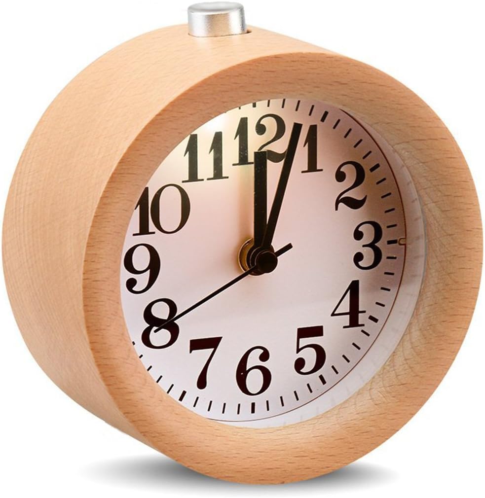 EC VISION Handmade Classic Small Round Silent Table Snooze Beech Wood Alarm Clock with nightlight