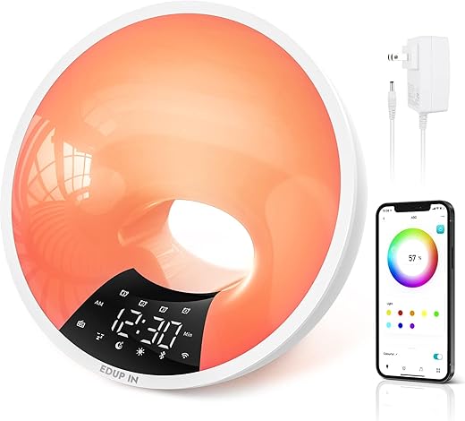 EDUP IN Sunrise Alarm Clock Wake Up Light APP/Voice Control Smart Sunlight Simulation Sleep Aid Bluetooth Speaker Snooze 4 Alarms FM Radio 7 Natural White Noise WiFi 12/24H USB Charging Port