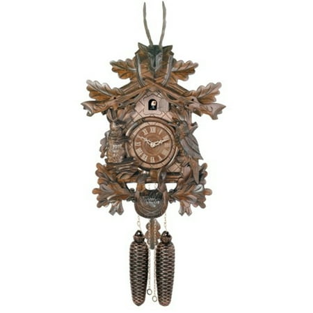 Eight Day Hunter's Cuckoo Clock with Hand-carved Oak Leaves, Animals, Rifles, and Buck