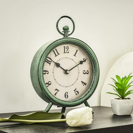 EMAX HOME Vintage Rustic Green Table Clock on Stand,Desk and Shelf Clock，Decorative Battery Operated Decorative Table Top Clock for Living Room，Silent Non-Ticking…