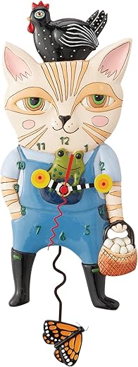 Enesco Allen Designs Country Cat Holding Fresh Eggs Sculpted Pendulum Wall Clock, 12.4 Inch, Multicolor