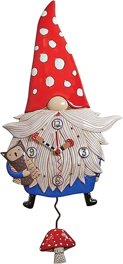 Enesco Allen Designs Wren The Gnome Holding an Owl Sculpted Pendulum Wall Clock, 14.96 Inch, Multicolor