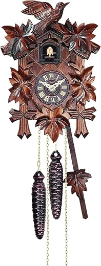 Engstler Quartz Cuckoo Clock 5-Leaves, with Singing Bird,Night Mode and Swinging Pendulum, Quartz Cuckoo Clock for Wall, Walnut