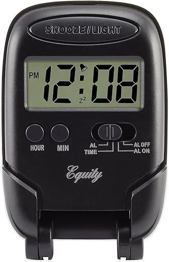 Equity LCD Fold-Up Travel Alarm Clock with Blue Backlight, 3.85"L x 2.50"W x 4.00"H, Black