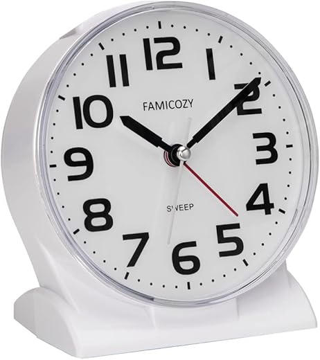 FAMICOZY 4.5 No Ticking Analog Alarm Clock,Silent Readable for Seniors,Easy to Set,Gradual Rise Alarm,Big Numbers,On/Off Switch on Side,Gentle Wake,Snooze Soft Backlight,Battery Operated,White