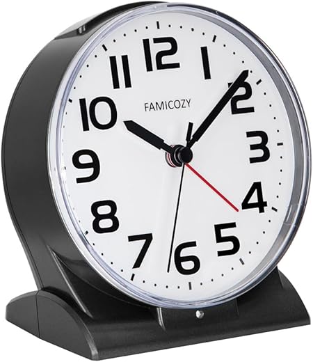 FAMICOZY Automatically Backlighted Alarm Clock,Silent No Ticking for Seniors Vision Impaired,Easy to Set,Big Numbers,Ascending Alarm,Gentle Wake,Snooze,2 AA Battery Operated,Black