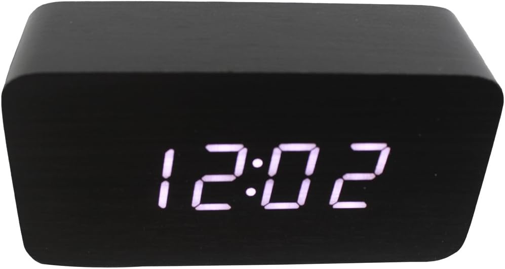 Fashion Square Mini Black Wood Grain White LED Light Alarm Clock with Time and Temperature Display & Sound Control - USB/AA Battery Powered (Black Wood + White Light)