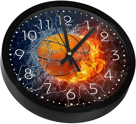 Fire and Water Basketball Silent Wall Clock, Non Ticking Battery Operated 10 Inch Wall Clocks for Bedroom Kitchen Home Office School Art Decor