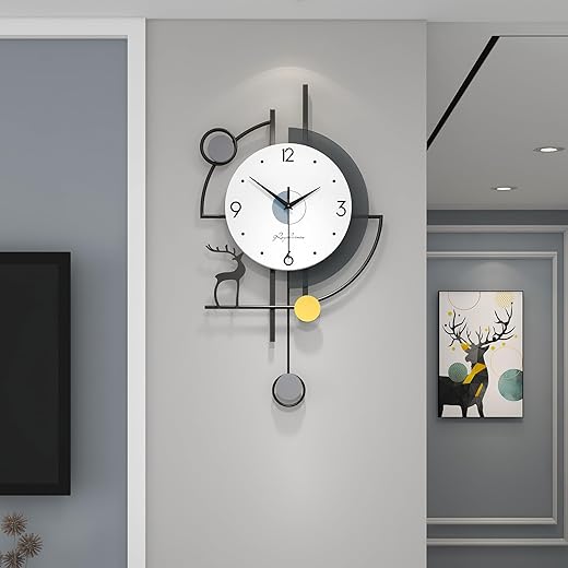 FLEBLE Large Wall Clocks for Living Room Decor Modern Pendulum Wall Clock Silent Quartz Battery Operated Non-Ticking for Bedroom Kitchen Office 24inch Black Metal Deer Clock Wall Decor for Home Indoor