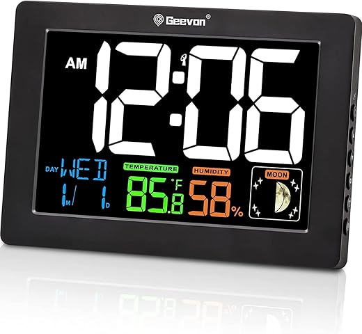 Geevon Atomic Alarm Clock, Large Color Display Digital Desk Clock with Indoor Temperature & Humidity, Calendar, Moon Phases and Adjustable Brightness for Bedroom, Office