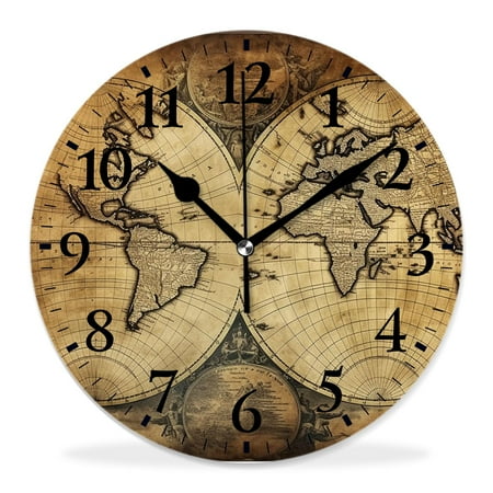 generic 12 inch Round Wall Clock,Retro World Map Lovely Drawing,Silent Non Ticking Wall Clocks for Living Room Kitchen Bedroom